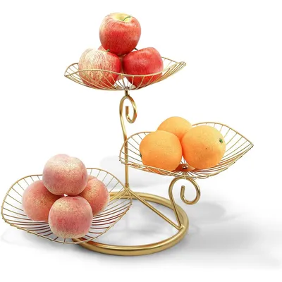 Produktbild von Obstkörbe, 3 Etage Obstschale aus Eisen,Obstkorb,Sevietkorb,Obst aufbewahrung,für Gemüse Brot und Obst in der Küche (Lotosblatt,Golden), 48x34cm