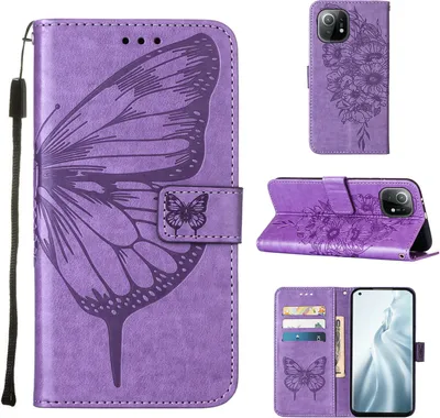 Immagine prodotto di Xiaomi Mi 11 Case, Butterfly Relief Flip Custodia in pelle con slot per schede e stand per Xiaomi Mi 11 Viola