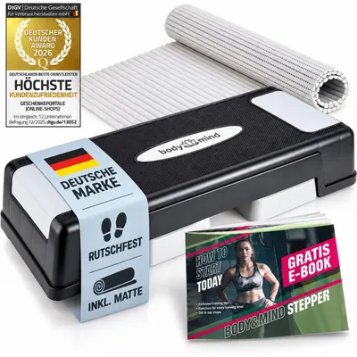 Zdjęcie produktu dla Ławka do stepowania Body & Mind z regulacją wysokości (10–20 cm), w zestawie z matą antypoślizgową i e-bookiem treningowym – ławka do stepowania do użytku domowego