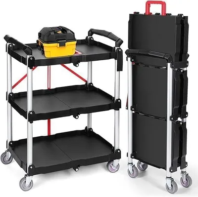 Produktbild von Robuster faltbarer Servierwagen mit 80 kg Tragkraft, 360°-Schwenkrädern und ergonomischem rotem Griff für Büro, Garage, Küche und Haushalt