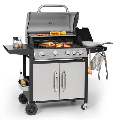 Produktbild von Klarstein Gasgrill mit Großer Grillfläche, Gasgrill 1 Seitenbrenner & 4 Brenner, 17,1kW Edelstahl-Gasgrill, BBQ Gasgrill für Balkon & Garten, Grill für Propan, Gasgrills mit 5 Brenner & Thermometer