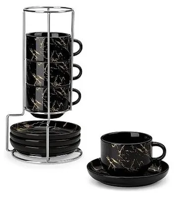 Zdjęcie produktu dla Filiżanki do espresso porcelanowe zestaw 4 sztuk 75 ml ze spodkami stojakie