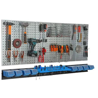Obrázek produktu pro Deska na nářadí 156x72 cm Kovový úložný systém s držáky na nářadí Háčky na nářadí a 8 stohovacích boxů 100 x 150 x 70 mm Barva: modrá Deska na kolíky Dílna Garáž Deska na kolíky Elektrické nářadí Deska na kolíky