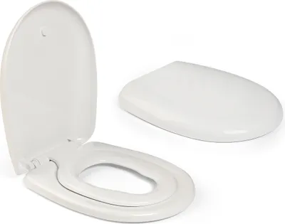 A white toilet seat and lid are shown against a white background. The lid is open, revealing the seat, and a separate lid is placed to the right.