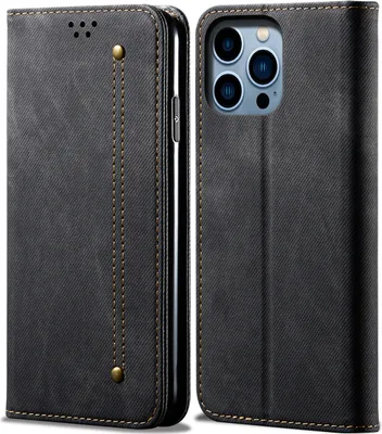 Produktbild von iPhone 15 Pro Hülle, Denim Leder Brieftasche Magnetverschluss Flip Bookstyle Schutzhülle mit Standfunktion für iPhone 15 Pro Schwarz