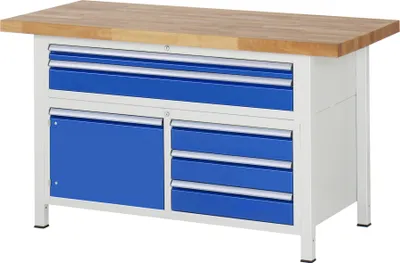 Produktbild von Werkbank mit Schrank - 5 Schubladen - Teilauszug - 60:1 / 120:4 - 840 x 1.500 x 700 mm (HxBxT) - Traglast 1.250 kg - Buche