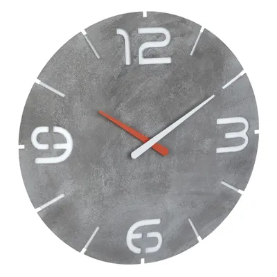 A modern wall clock with a concrete-look face and minimalist white numbers and hands.