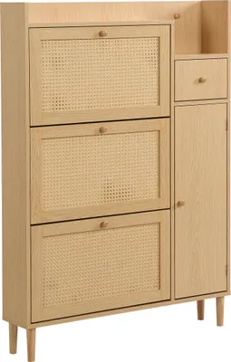 Produktbild von Holzwerkstoff Schuhschrank aus Rattan–geeignet für enge Eingänge– 3 Kipp-Türen und 1 Schublade –mit Massivholzbeinen und Griffen–Maße: B90/H125/T17 cm
