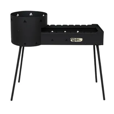 A black metal barbecue grill with a cylindrical firebox and a rectangular cooking grate, supported by three legs.
