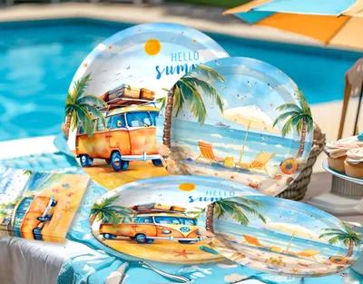 Strandparty-Geschirrset – 8 Teller, 8 Becher, 20 Servietten