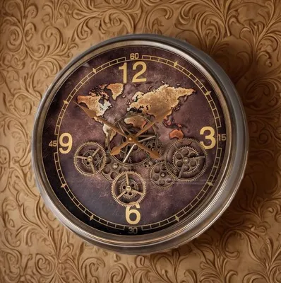 Produktbild von formano Wanduhr Weltkarte 62 cm Metall mit sichtbar drehenden Zahnrädern