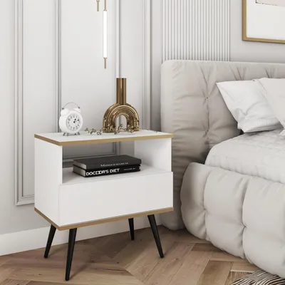 Productafbeelding van Nachtkastje, nachtconsole FORNO, wit, goud, glamour, Art Deco stijl, 1 lade, zwarte poten