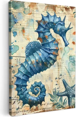 Produktbild von MuchoWow® - Leinwandbilder - Vintage - Meerestiere - Seepferdchen - Aquarell - Blau, Wandbild, Wanddeko Bilder Wohnzimmer, 80x120 cm