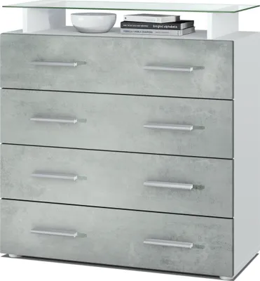 Produktbild von Vladon Sideboard Pavos V2, Kommode mit 4 Schubladen und Glasablage, Weiß matt/Beton Oxid Optik (76 x 81 x 35 cm)