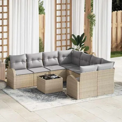 Image de Ensemble de salon de jardin vidaXL, 9 pièces, couleur beige et gris, en résine tressée (polyrotin), capacité pour 8 personnes