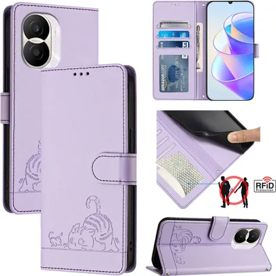 Produktbild von Leder Hülle für Honor X40i Süße Katze Flip Case Brieftasche Schutzhülle mit Standfunktion Lila
