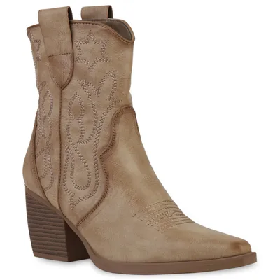 Produktbild von VAN HILL Damen Stiefeletten Cowboy Boots Trichterabsatz Stickereien Schuhe 837779, Farbe: Khaki, Größe: 36