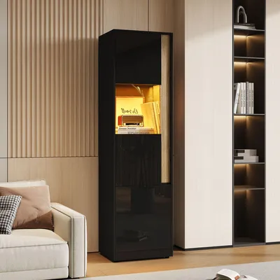 Productafbeelding van Merax vitrinekast met LED-verlichting, hoge kast met 2 deuren (acryl en gesloten), opbergkast voor woonkamer, kantoor en keuken, zwart en naturel