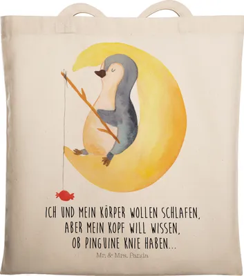 Produktbild von Mr. & Mrs. Panda Tote Bag Pinguin Mond - Transparent - Geschenk, Schlafzimmer, Tasche, canvas, Süßigkeiten, Beutel, schlafen, Laptoptasche, Schultasche, Neugierig