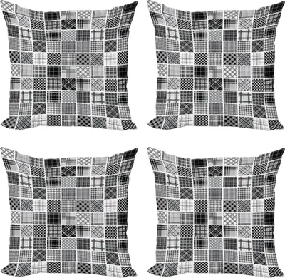 Produktbild von ABAKUHAUS Grau Kissenbezug Set (4 Stück), Plaid Patchwork Retro, Moderner Doppelseitiger Digitaldruck, 60 cm x 60 cm, Schwarz Weiß Grau