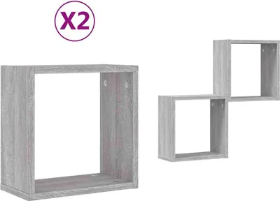 Two cube shelves are displayed against a white background. One shelf is shown individually, and the other is shown as a pair of interlocking shelves.