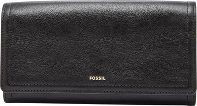 A black leather wallet with the Fossil logo in gold.