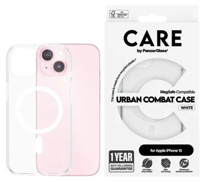 Zdjęcie produktu dla PanzerGlass CARE™ by ® Urban Combat Case Transparent w. White MagSafe iPhone 15, Pokrowiec, Apple, Apple - iPhone 15, 15,5 cm (6.1"), Przezroczysty