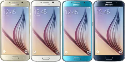 Four Samsung Galaxy S6 smartphones in different colors arranged side-by-side.