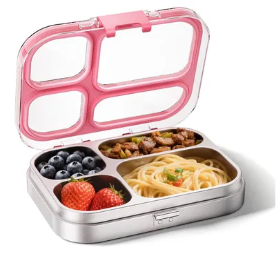 Produktbild von Edelstahl-Lunchbox für Kinder, 800 ml, Metall-Bento-Box mit 4 Fächern, auslaufsicher, geeignet für Kindergarten, Kita, Schule, Lunchbox, Snackbox, Lunchbehälter, spülmaschinenfest, rosa