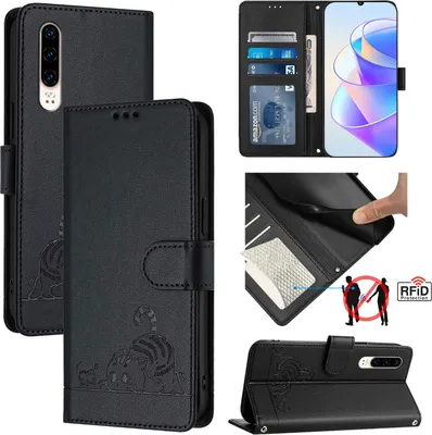 Produktbild von Leder Hülle für Huawei P30 Süße Katze Flip Case Brieftasche Schutzhülle mit Standfunktion Schwarz