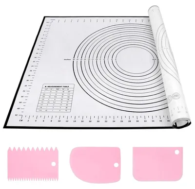 Produktbild von Silikon-Backmatte, groß 70 x 50 cm, Antihaftbeschichtung, Nudelholzmatte mit Markierungen, wiederverwendbares Backzubehör mit 3 Teigschabern für Teig, Fondant, Macarons, Kekse und Pizza.