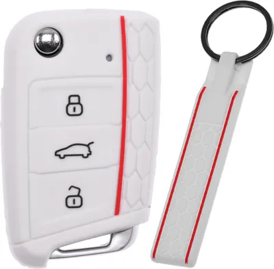 Produktbild von Auto Schlüssel Silikon Schutz Hülle + Schlüsselband im Wabe Design Weiß kompatibel mit VW SEAT Skoda Golf 7 Leon Octavia 3 Tasten Klappschlüssel