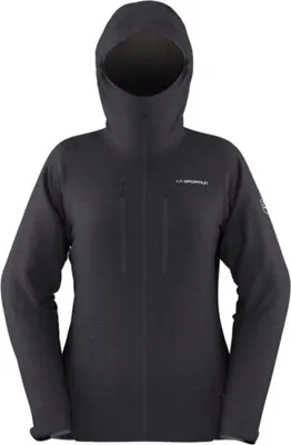 Schwarze Hardshelljacke für Damen von La Sportiva; mit Kapuze und enganliegendem Schnitt.