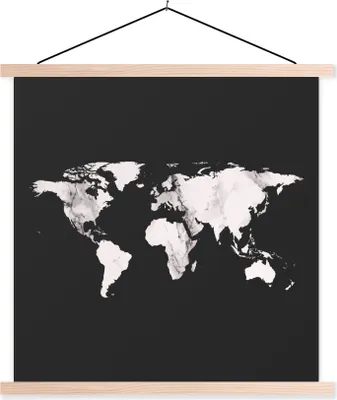 Produktbild von MuchoWow® Textilposter Weltkarte - Schwarz und weiß - Marmor 120x120 cm mit holzfarbenen Rahmen - Textil-Poster