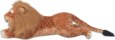 A plush toy lion lying on its side against a white background.
