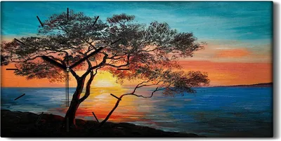 Produktbild von Wandbild Leinwand Bilder Wanduhr Kunstdruck 60x30 Ölgemälde Baum Meer Himmel - schwarze Hände