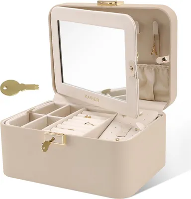 Image de Grande boîte à bijoux avec miroir et serrure pour femme Beige