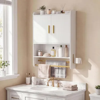 Image de Armoire de salle de bain suspendue - Meuble de rangement mural pour cuisine - Organisateur de salle de bain - Étagère réglable - 55 x 20 x 80 cm - Blanc