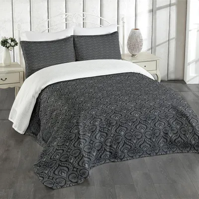 Produktbild von ABAKUHAUS Renaissance Tagesdecke Set, Viktorianischer Damast mit Boho Ethnisch und im Nahen Osten Traditionelles Blatt Influence, 220 x 220 cm, Grau schwarz