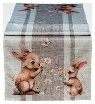 Produktbild von Tischläufer 40 x 140 cm mit Druck von Hasen und Blumen für Ostern und Frühling