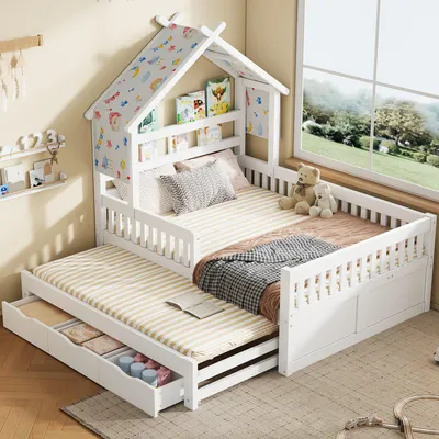 Produktbild von Flieks Kinderbett Hausbett 140x200cm mit Ausziehbett, Kinder Holzbett Doppelbett mit 3 Schubladen, Kinderbett mit Bettvorhängen, Weiß