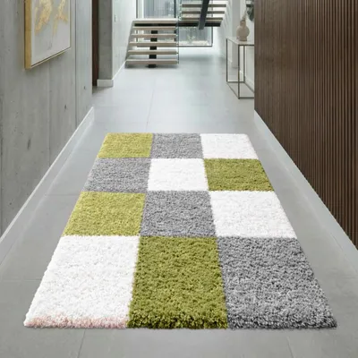 Produktbild von Weicher Shaggy Teppich Mehrfarbig Grün Grau Creme – moderner Hochflor Teppich Größe - 80 x 150 cm