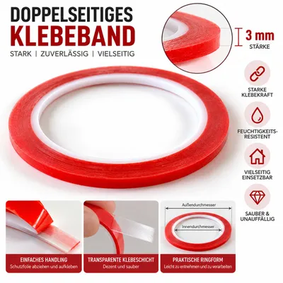 Produktbild von Transparentes doppelseitiges Klebeband 3 mm x 10 m – extra schmales stark haftendes Klebeband – Montageband für Basteln, DIY, Haushalt & Befestigung