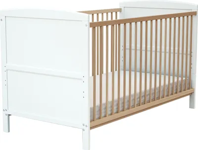 Image de AT4 - Lit bébé évolutif en bois 70 x 140 LUNA Blanc et Hêtre Verni| 144 x 74 x 86,5 cm | Sommier à lattes réglable 3 hauteurs | Transformable en lit junior
