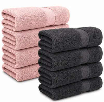 Immagine prodotto di Set di 8 asciugamani Komfortec in cotone al 100%, composto da 8 asciugamani da 50x100 cm, in spugna, morbidi, colore antracite/rosa