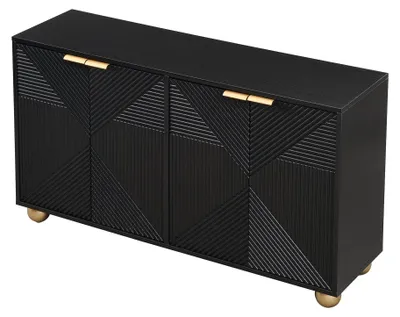Imagen del producto de Buffet estilo art déco, color negro, con 4 puertas talladas, patas en forma de bola, pomos dorados, dimensiones: 120 x 35 x 71,5 cm