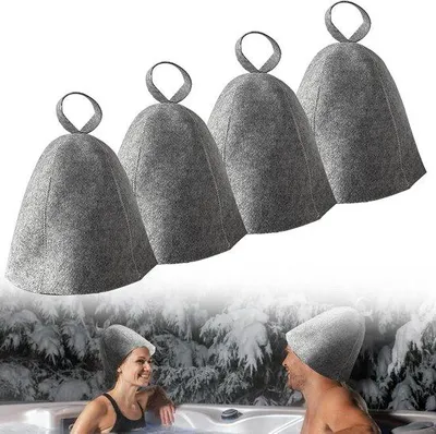 Immagine prodotto di 4 cappelli da sauna in feltro di lana con ganci - cappello in feltro resistente al calore - grigio.