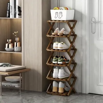 Immagine prodotto di Scaffale pieghevole per scarpe in bambù, 6 ripiani, marrone, salvaspazio, verticale