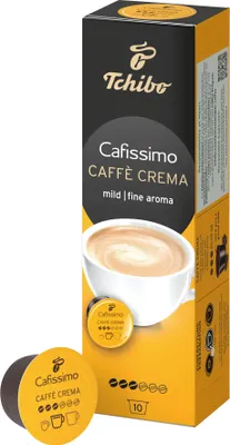 A box of Tchibo Cafissimo Caffè Crema coffee capsules and two loose capsules.