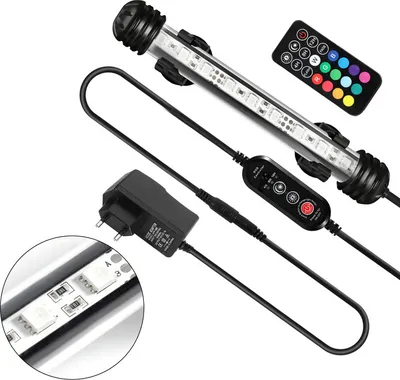 A product shot of an LED aquarium light with its accessories.